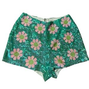 Wildfox High Waist Sequin Floral Shorts - Green and Pink